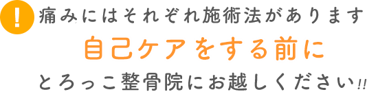 痛みにはそれぞれ施術法があります、自己ケアをする前にとろっこ整骨院におこしください!